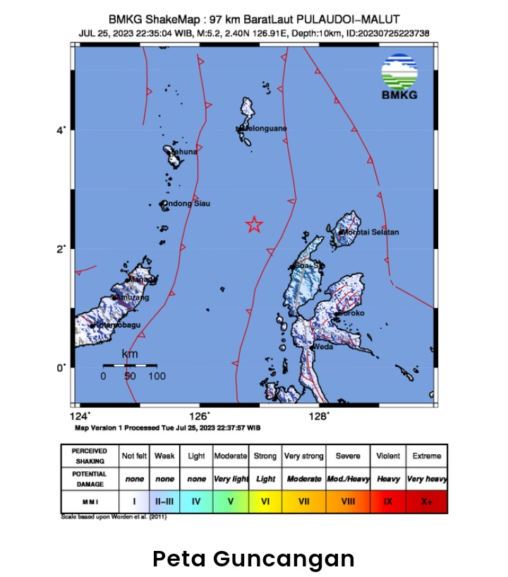Gempa Bumi M 5,2 Guncang BaratLaut PulauDoi Malam Ini, Berpusat Di Laut 97 KM