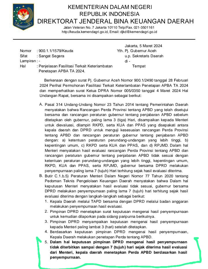 Jika Dalam Seminggu Ketua DPRA Tak Ada Keputusan, Mendagri Persilakan Pj Gubernur Tetapkan APBA 2024 melalui Pergub