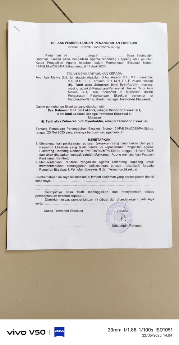Pengadilan Agama Sidrap Keluarkan Surat Penangguhan Eksekusi, Polsek Dua Pitue Imbau Kondusifitas di Lokasi Sengketa