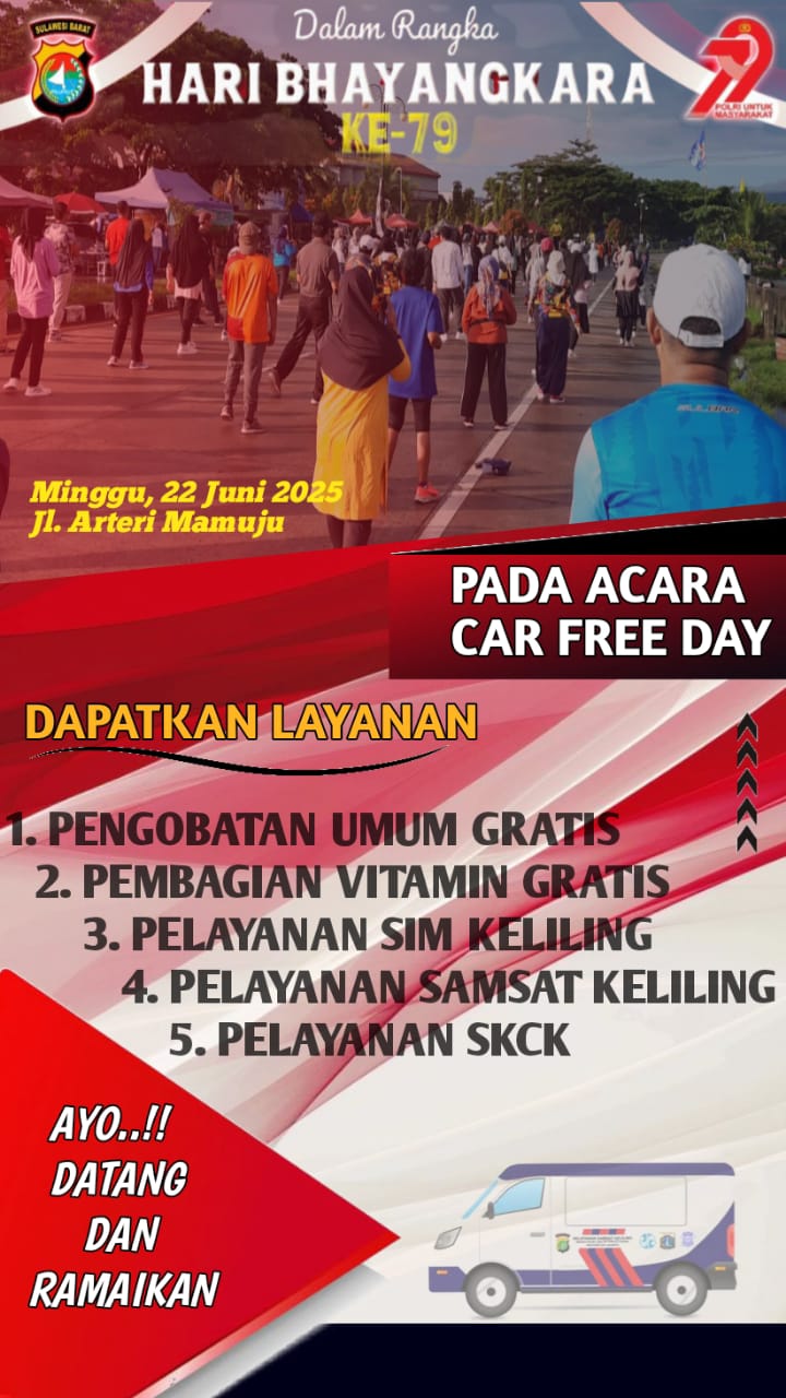 Semarak Hari Bhayangkara! Pekan ini, Polda Sulbar Akan Berikan Layanan Gratis di Kegiatan Car Free Day