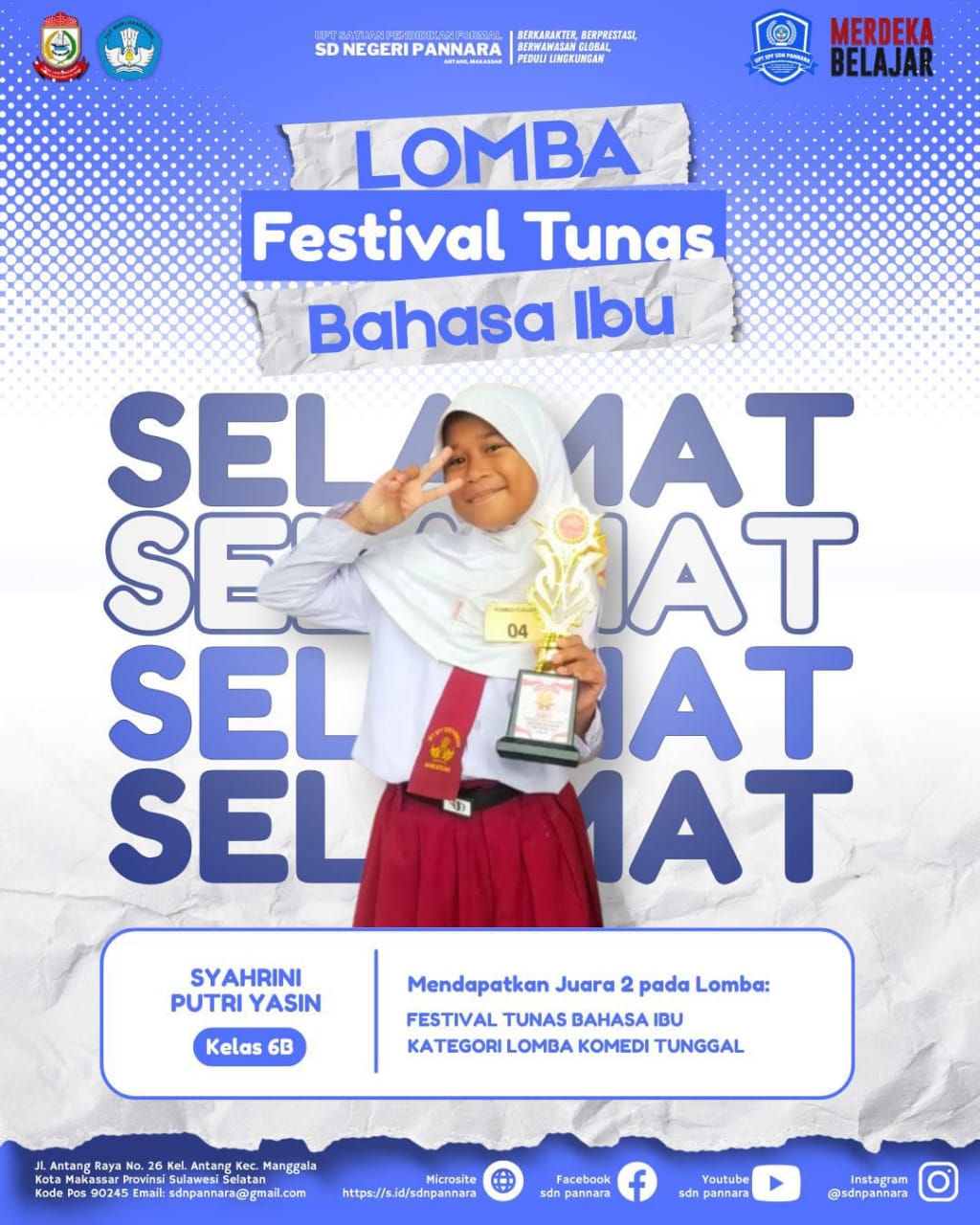 Syahrini Putri Yasin Raih Juara 2 Festival Tunas Bahasa Ibu, Harumkan Nama SD Pannara Makassar