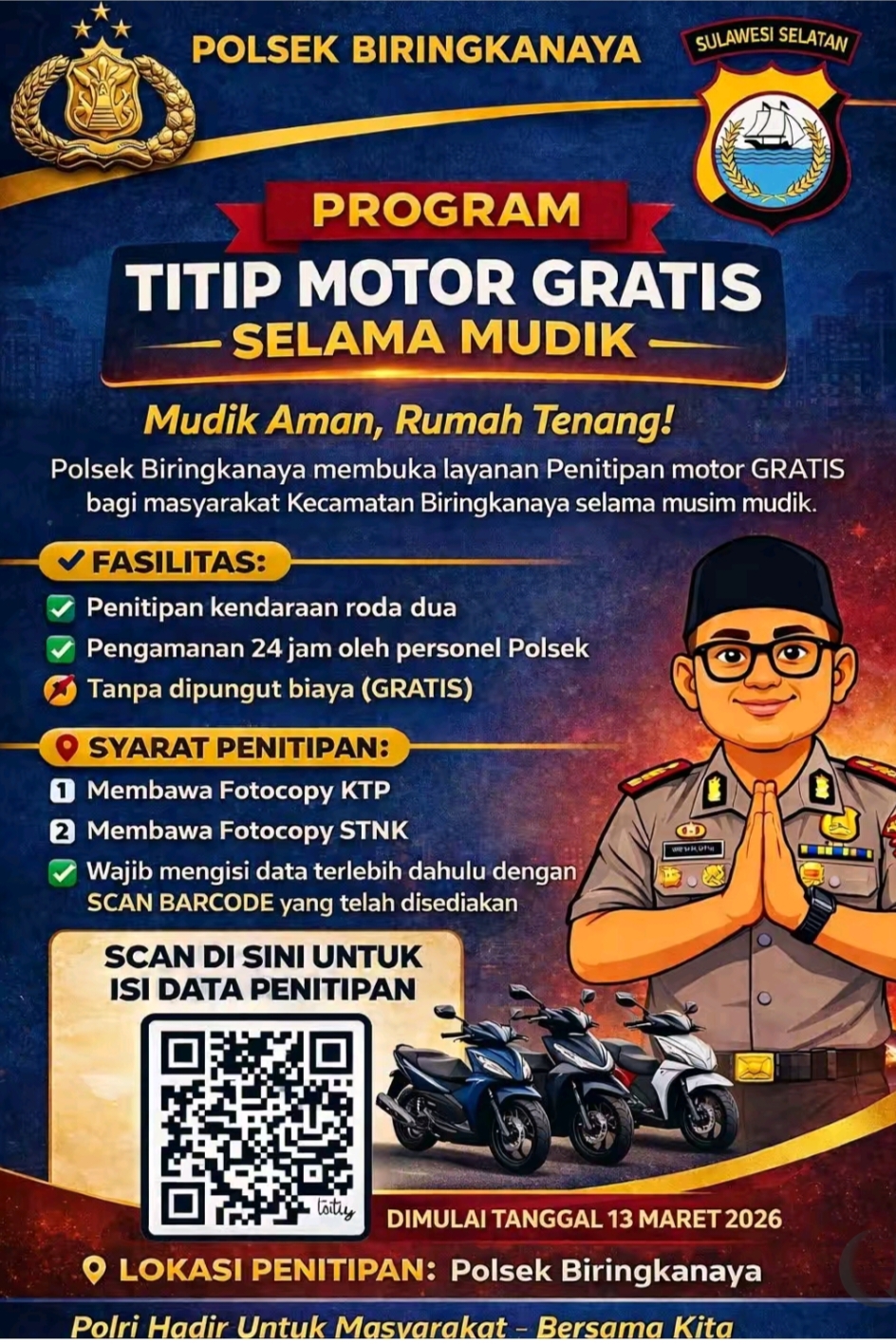 Polsek Biringkanaya Buka Layanan Penitipan Motor Gratis Selama Mudik Lebaran 2026