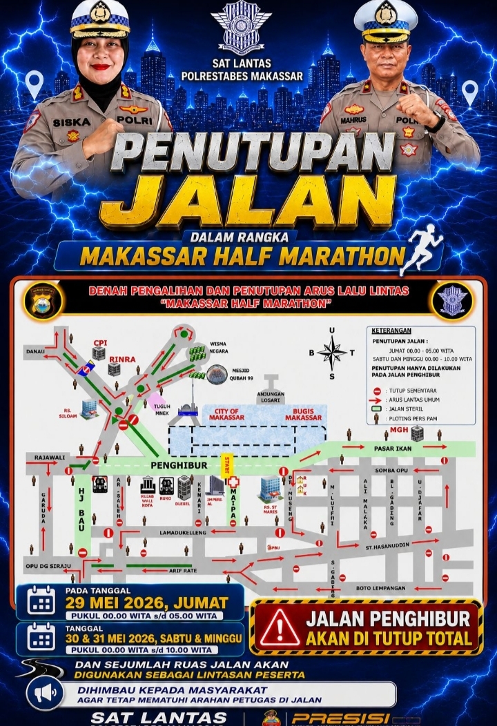 Penutupan Jalan Makassar Half Marathon 2026, Satlantas Polrestabes Makassar Siapkan Rekayasa Arus Lalu Lintas