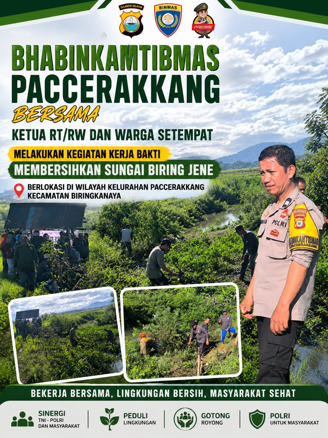 Bhabinkamtibmas Paccerakkang Bersama Ketua RT/RW dan Warga Gotong Royong Bersihkan Sungai Biring Jene