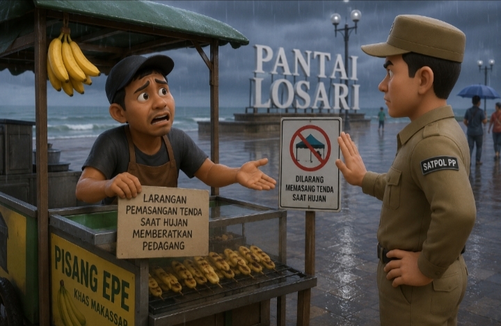 Pedagang Pisang Epe Mengeluh, Larangan Pemasangan Tenda Saat Hujan di Pantai Losari Dinilai Memberatkan