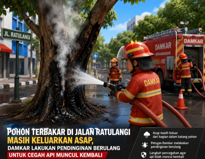 Pohon Terbakar di Jalan Ratulangi Masih Keluarkan Asap, Damkar Lakukan Pendinginan Berulang untuk Cegah Api Muncul Kembali