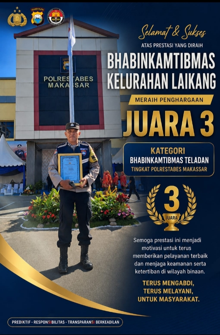 Bhabinkamtibmas Kelurahan Laikang Ukir Prestasi, Aiptu Moh. Ramli Raih Juara 3 Bhabinkamtibmas Teladan Tingkat Polrestabes Makassar