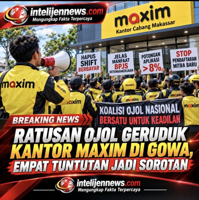 RATUSAN OJOL GERUDUK KANTOR MAXIM DI GOWA, EMPAT TUNTUTAN JADI SOROTAN